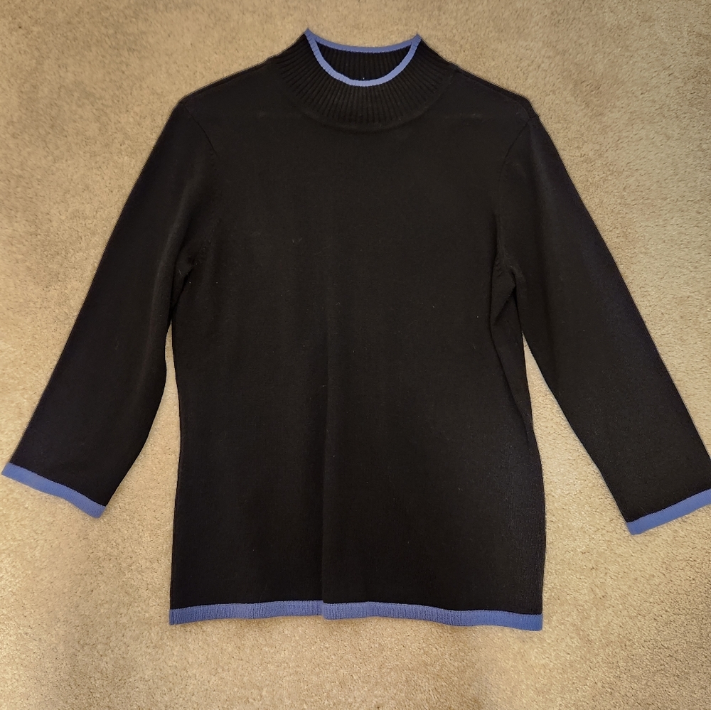Black mock turtle neck sweater with periwinkle trim